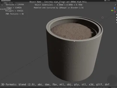 Concrete Pipe Flower Pot 800mm High-Poly 3D model