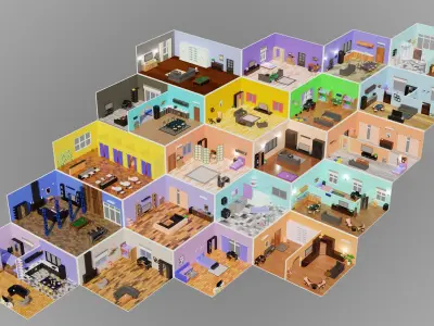 Home Interior Rooms with furniture Furniture pack Low-poly 3D model