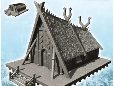 Viking house with large facade and wooden platform 13 - North No 3D print model