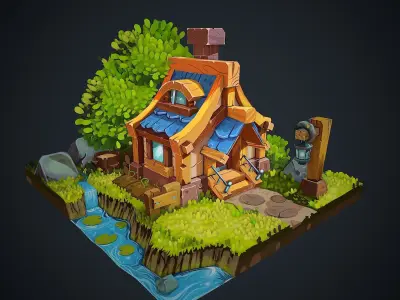 Stylish riverside cottage Low-poly 3D model