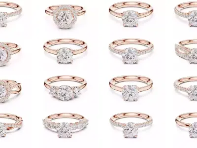 411 Round Cut Diamond Rings 3DM STL FBX OBJ 3 Color Render Video 3D Model Pack