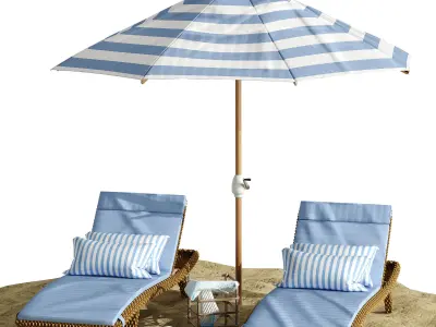 Beach umbrella and chaise longue set 2 3D model