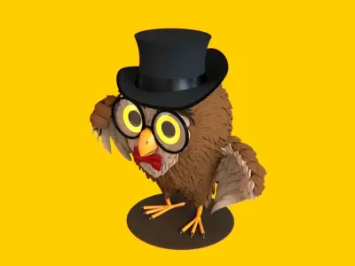 Stylized Cartoon Owl Character with Top Hat Glasses and Bow Tie Low-poly 3D model