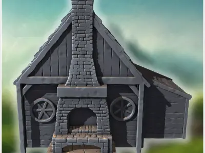 Rural wooden house with stone fireplace annex and thatched roof  3D print model