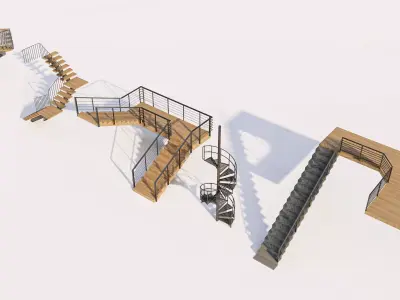 Modern Wood and Metal Staircase Architectural Pack 3D model
