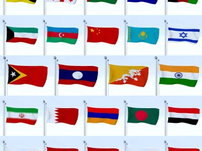 All Asian Flag Pack Low-poly 3D model