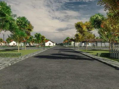 Suburb Neighbourhood Environment with a master house Low-poly 3D model