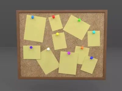 Pinboard bulletin board with sticky notes Low-poly 3D model