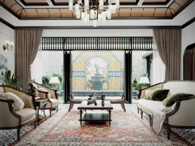 Indochine Living Room Interior Model 3D model