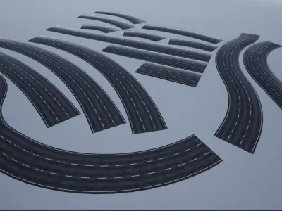 PBR 4K-2K Three-Lane Wet Modular Highway Roads Low-poly 3D model