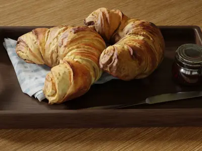 Croissants full set with Tray Knife Jar and Napkin 3D model