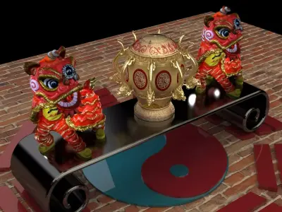 Chinese Lion Dance Figure with Ancient Bronze Seismoscope Low-poly 3D model