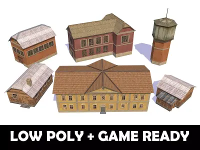 Houses - Game Ready building with water tower Low-poly 3D model