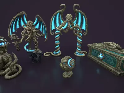 Ancient statues stone collection Low-poly 3D model