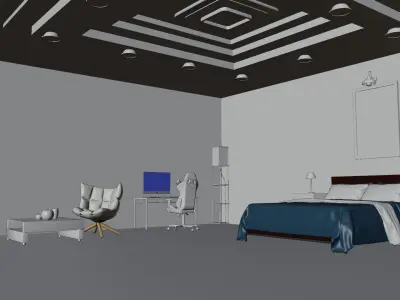 Bedroom with walls and ceiling Low-poly 3D model