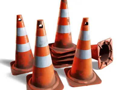 4 Worn Traffic Cones - Weathered - Optimized - Game Ready Low-poly 3D model