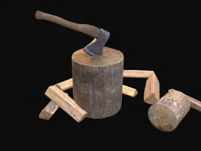 Axe stand and wood logs Low-poly 3D model