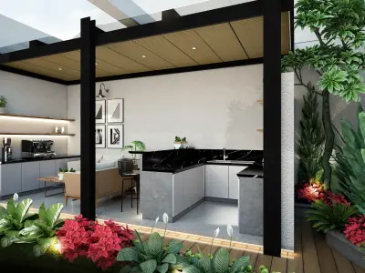 Outdoor modern living room with furniture and plants 3D model