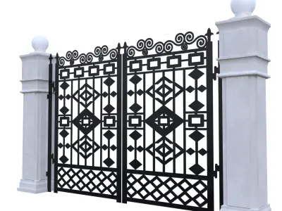 Ornate Iron Gate and Pillars PBR Low Poly 3D Model Low-poly 3D model