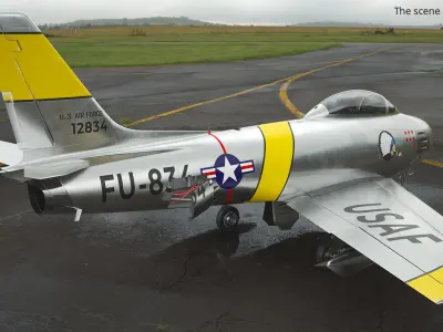  F-86 Sabre Cold War Fighter Aircraft Silver with Interior Rigged 