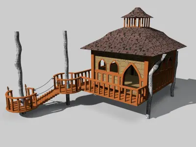 Wooden Cottage with Stairs 3D model