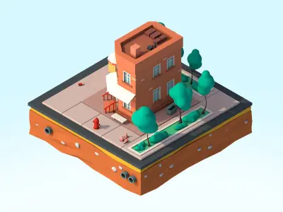 Cartoon Low Poly Brooklyn Small House Building Low-poly 3D model