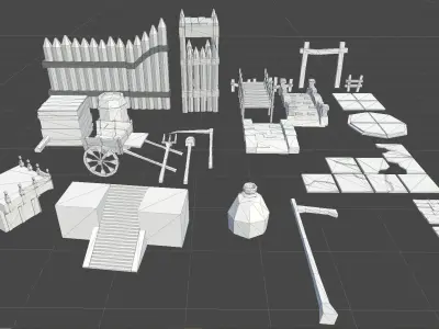 LowPoly Village wagon in grassy field Low-poly 3D model