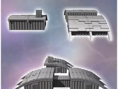 Set of three futuristic oval-roofed barracks with large metal be 3D print model