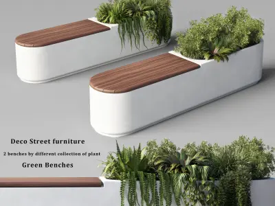Deco Street furniture Green Benches Plants fern grass bush 15 Low-poly 3D model