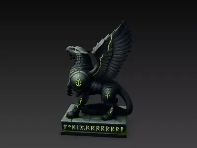 Runic Griffin Guardian Stylized Fantasy Stone Statue 3D model