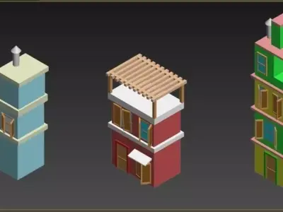 Buildings set for simple games Low-poly 3D model