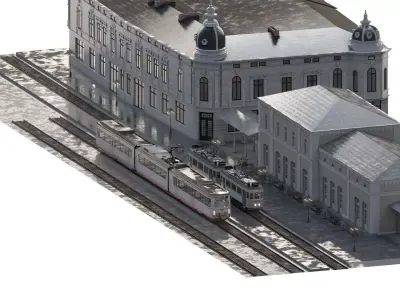 VINTAGE TRAM STATION WITH TRAMS 3D model