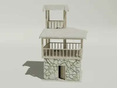 Rustic Wooden and Stone Tower with Balcony and Canopy 3D model