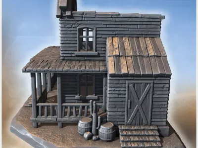 Sheriffs office with side extension porch fencing wooden barrels 3D print model