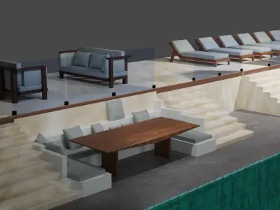 Chill zone with pool and lighting Low-poly 3D model