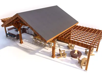 Rustic Timber Pavilion with Outdoor Kitchen 3D model