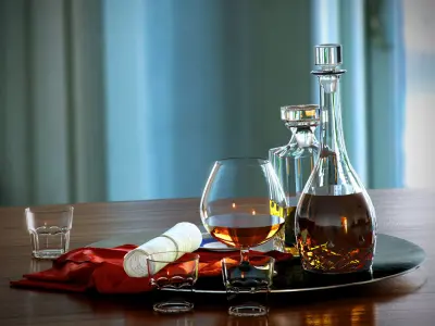 Set whiskey and cognac decanter on dish 3D model