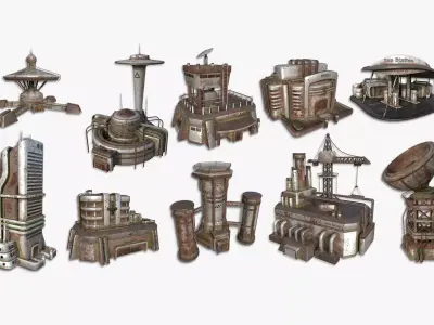 10 Sci Fi Buildings Collection J - Abandoned - Exterior Design 3D Model Pack