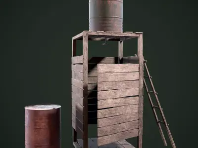 Shower wooden barrel and ladder Low-poly 3D model
