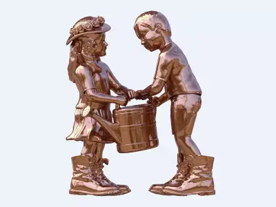 sculpture bronze statue of boy and girl holding bucket 3D model
