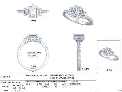 Emerald Cut Three Stone Diamond Ring CAD Model with Pave Band 3D print model