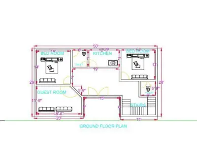 Modern 2BHK Ground Floor House Plan 50x28 Feet AutoCAD Drawing 3D model