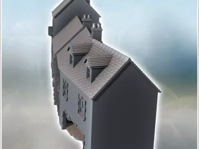 Set of four attached European ruined houses with chimneys and ro 3D print model