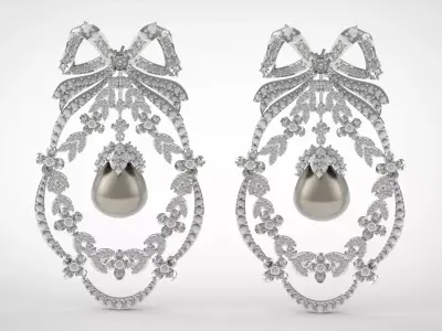 Pearl diamond stl pendant earrings with vintage design pe0003 3D print model