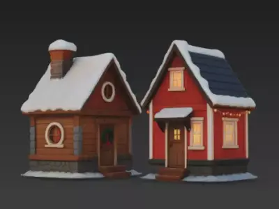 Modular Winter Cottage Pack - 2 Variants Low-poly 3D model