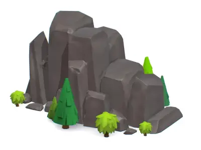 Cartoon Stone Cliff and Green Trees Low-poly 3D model