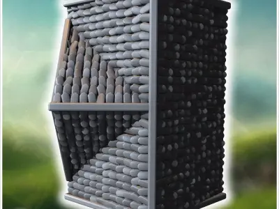 Narrow wooden building with a stone foundation steep roof and de 3D print model