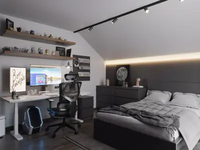 Modern Attic Bedroom Gaming Setup Full Interior Scene Ikea 3D model