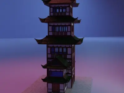 Japanese building architecture Low-poly 3D model