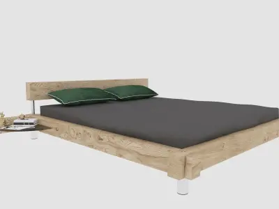 Solid Wood Frame Bed 3D Model - Light Coloured Wood- Game Ready Low-poly 3D model